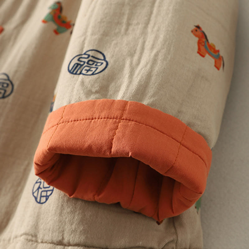 Buddha Stones Horse Fu Character Pattern Frog-Button Design Women's Cotton Long Sleeve Thickened Jacket - image 16