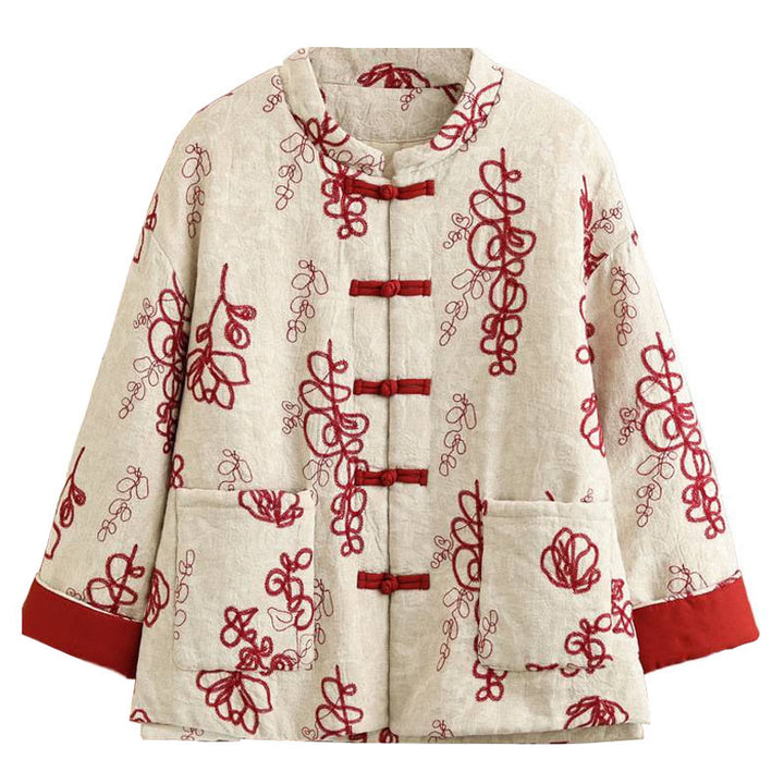 Buddha Stones Women's Winter Long Sleeve Stand Collar Frog-buttons Cotton-padded Jacket With Pockets - image 6