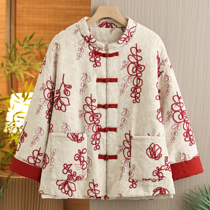 Buddha Stones Women's Winter Long Sleeve Stand Collar Frog-buttons Cotton-padded Jacket With Pockets - Crimson - US14，UK/AU18，EU46 (2XL) - image 0