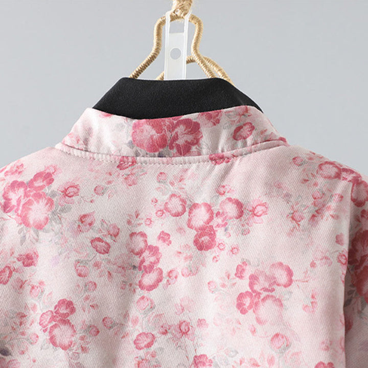 Buddha Stones Women's Commute LightPink Printing Floral Frog-buttons Cotton Long Sleeve Jacket - image 3