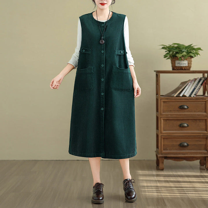 Buddha Stones Pure Colo Buttons Sleeveless Midi Dress With Pockets - DarkGreen - US8-10，UK/AU12-14，EU40-42 (2XL) - image 6