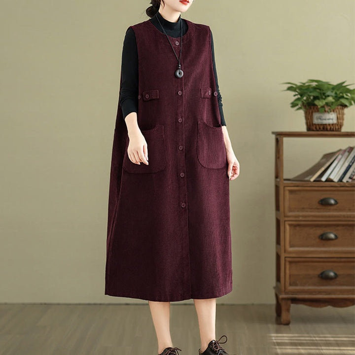 Buddha Stones Pure Colo Buttons Sleeveless Midi Dress With Pockets - image 17