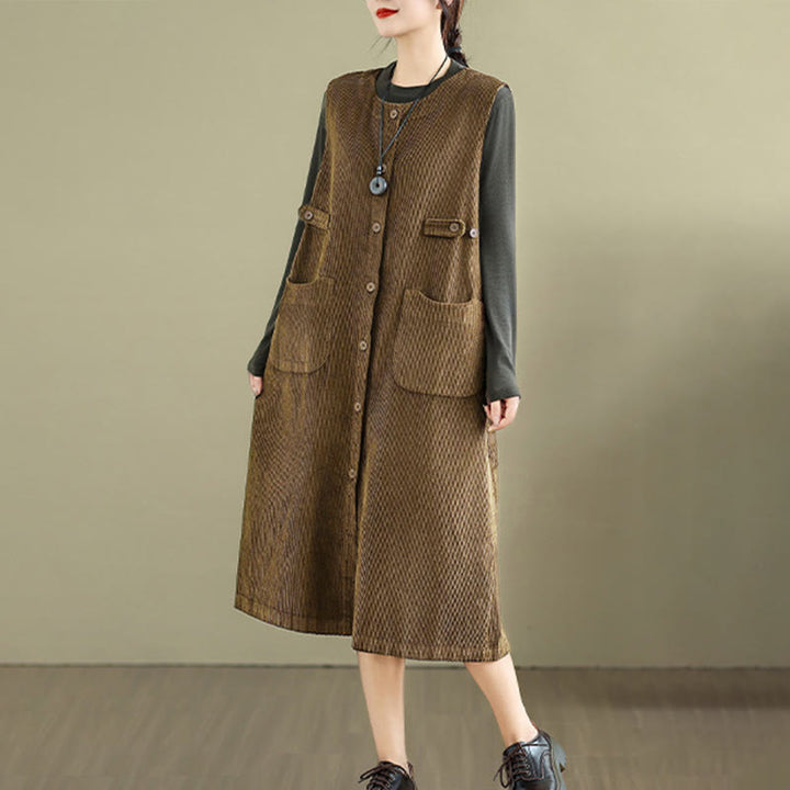 Buddha Stones Pure Colo Buttons Sleeveless Midi Dress With Pockets - image 1