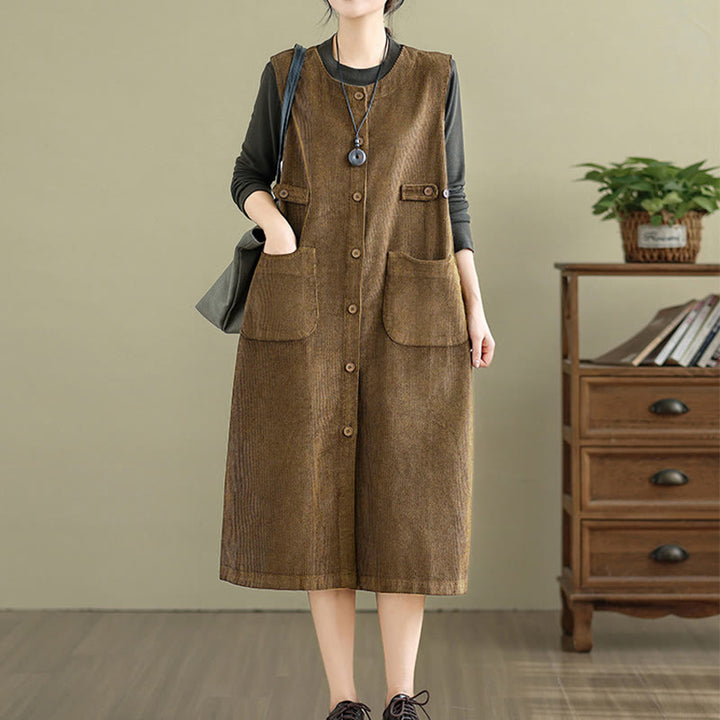 Buddha Stones Pure Colo Buttons Sleeveless Midi Dress With Pockets - image 2