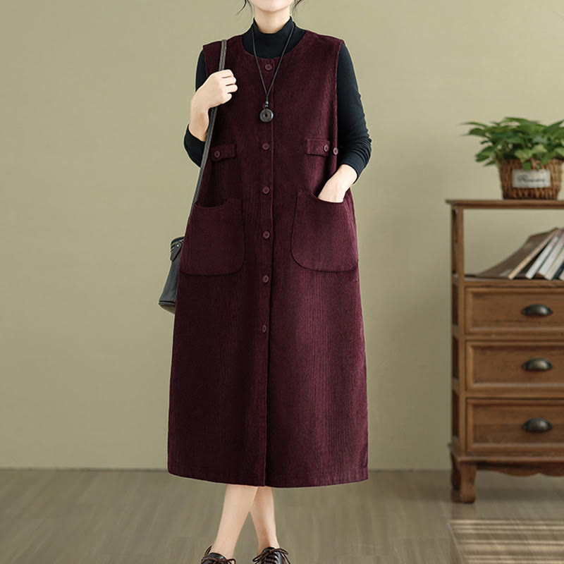 Buddha Stones Pure Colo Buttons Sleeveless Midi Dress With Pockets - image 16