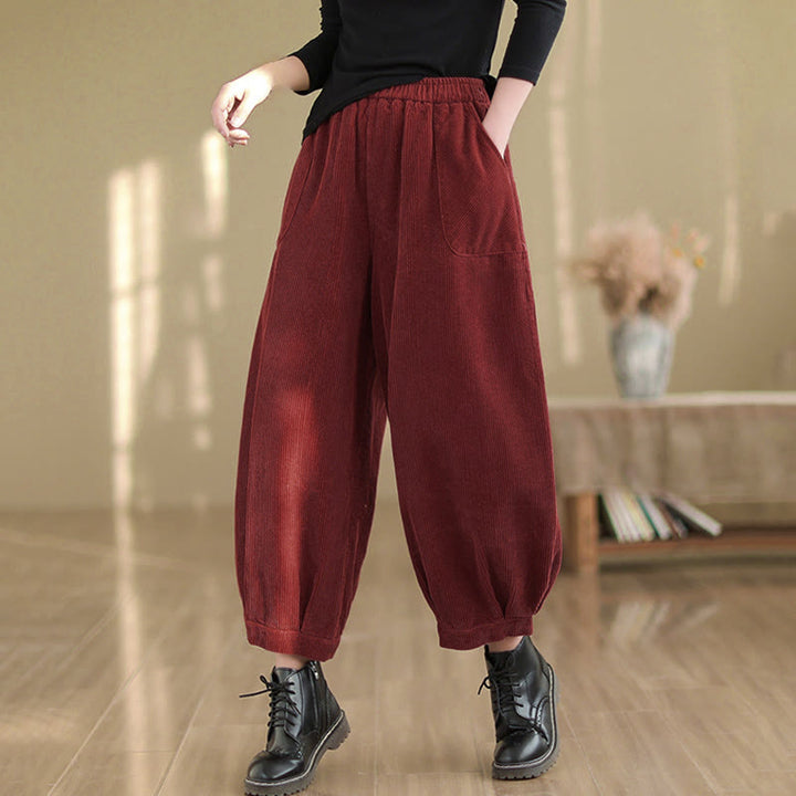 Buddha Stones Plain Elastic Waistband Design Women's Corduroy Harem Pants With Pockets - image 16