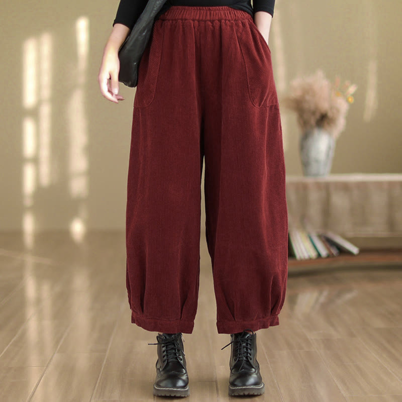 Buddha Stones Plain Elastic Waistband Design Women's Corduroy Harem Pants With Pockets - image 13