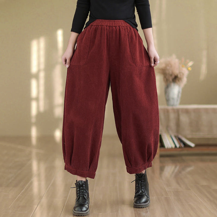 Buddha Stones Plain Elastic Waistband Design Women's Corduroy Harem Pants With Pockets - image 14