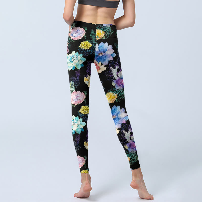 Buddha Stones Colorful Watercolor Style Flower Pattern Print Gym Leggings Women's Yoga Pants - image 6