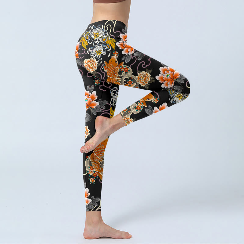 Buddha Stones Koi Fish Peony Chrysanthemum Clouds Pattern Print Gym Leggings Women's Yoga Pants - image 3