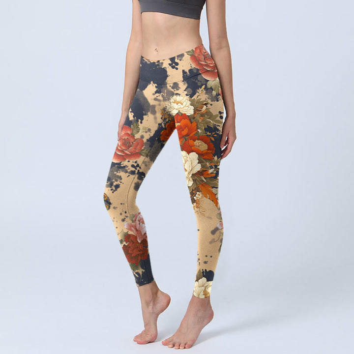 Buddha Stones Ink Painting Style Peony Chrysanthemums Pattern Print Gym Leggings Women's Yoga Pants - Wheat - US18，UK/AU22，EU50 (4XL) - image 0
