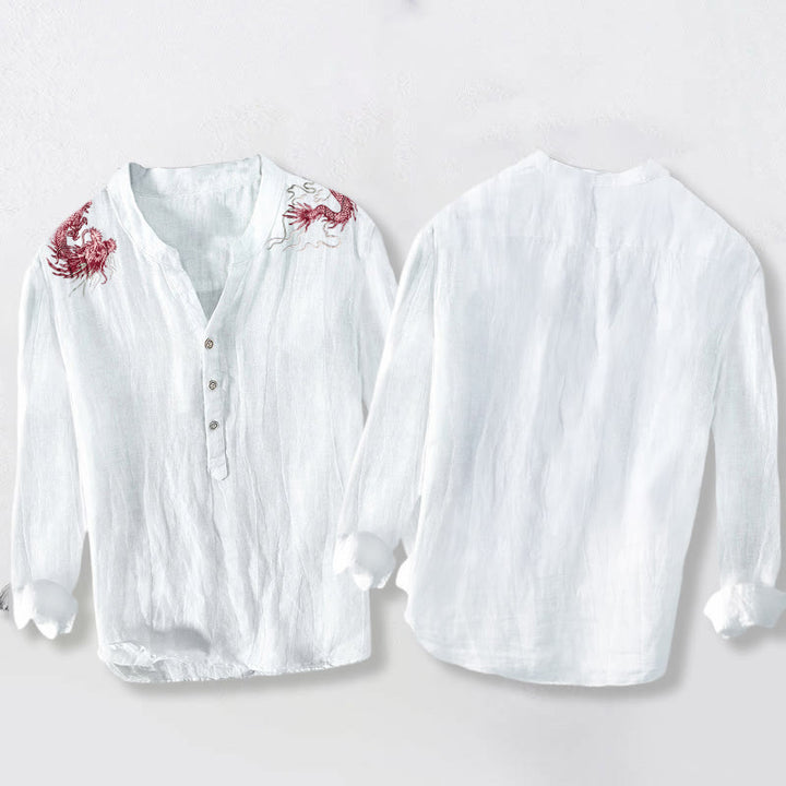 Buddha Stones Red Dragon Pattern Half Buttons Men's Cotton Linen Long Sleeve Shirt - image 5