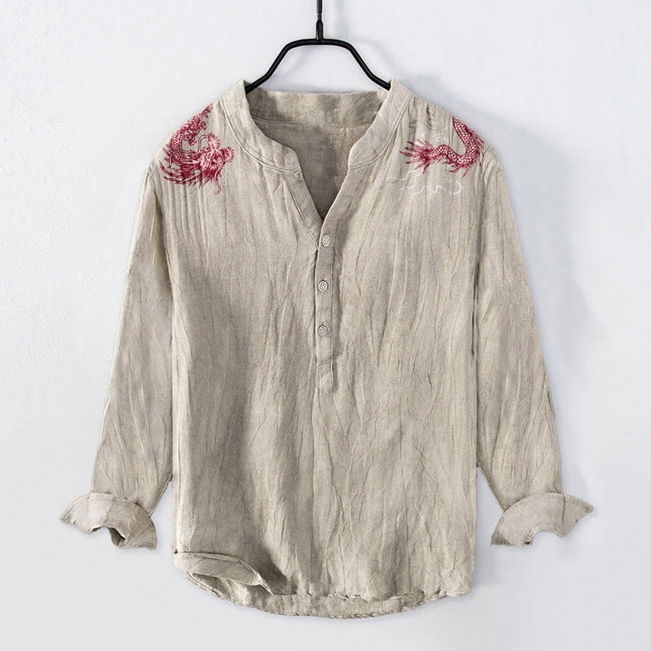 Buddha Stones Red Dragon Pattern Half Buttons Men's Cotton Linen Long Sleeve Shirt - Linen - US/UK/AU50，EU60 (5XL) - image 6