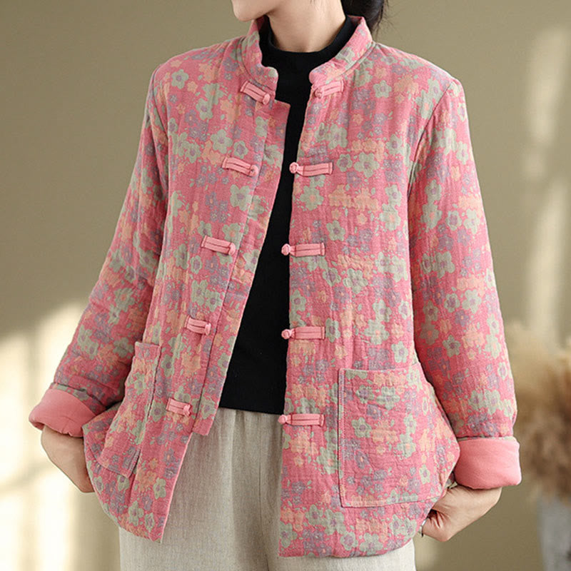 Buddha Stones Women's Winter Thicken Cotton Floral Pattern Long Sleeve Jacket With Pockets - image 9