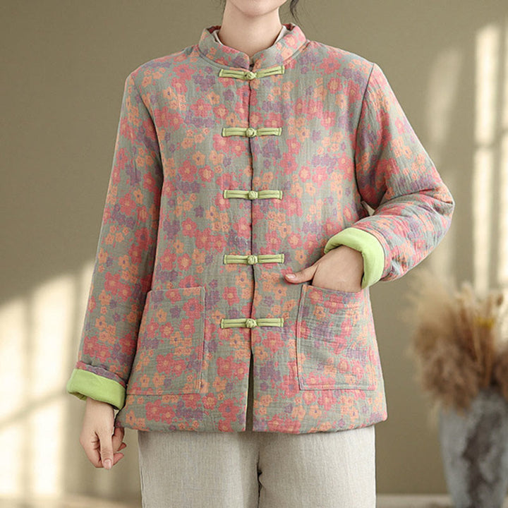 Buddha Stones Women's Winter Thicken Cotton Floral Pattern Long Sleeve Jacket With Pockets - DarkSeaGreen - US8-10，UK/AU12-14，EU40-42 (2XL) - image 0