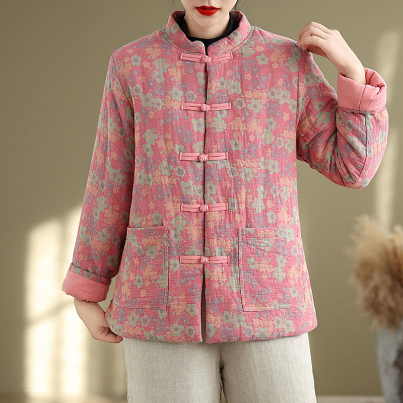 Buddha Stones Women's Winter Thicken Cotton Floral Pattern Long Sleeve Jacket With Pockets - image 10