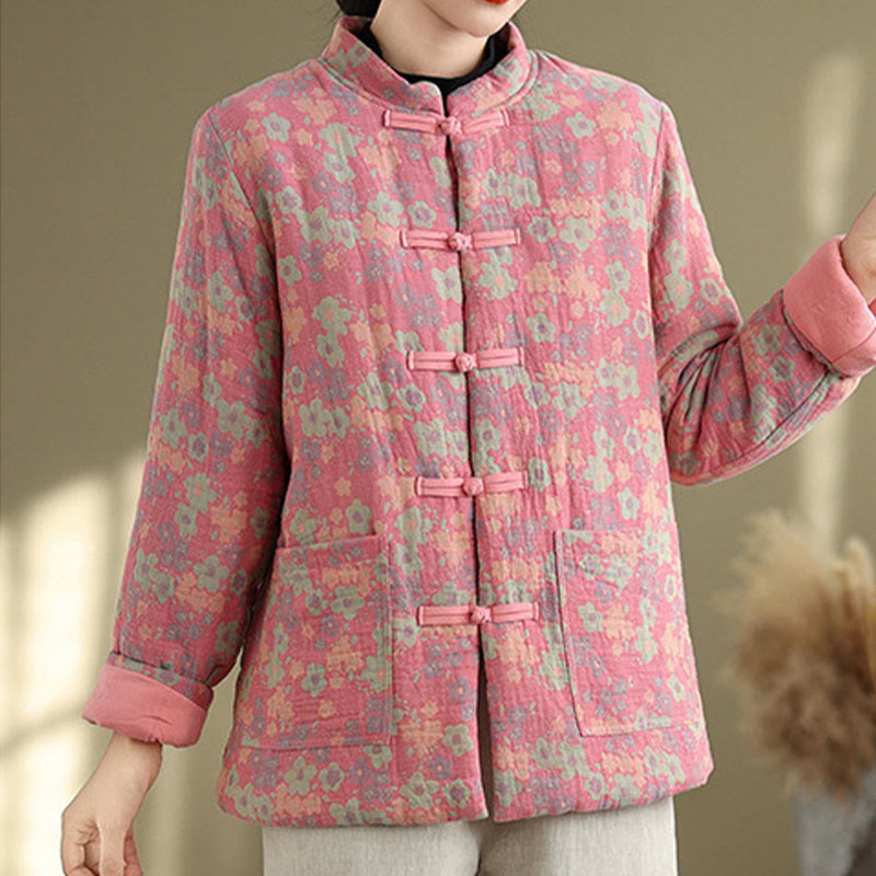 Buddha Stones Women's Winter Thicken Cotton Floral Pattern Long Sleeve Jacket With Pockets - image 11