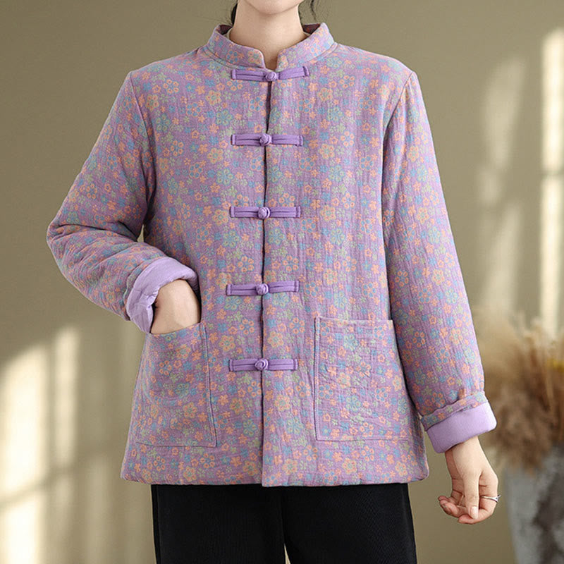 Buddha Stones Women's Winter Thicken Cotton Floral Pattern Long Sleeve Jacket With Pockets - image 18