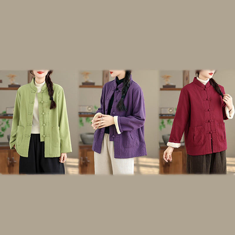 Buddha Stones Women's Plain Cotton-padded Buttons Design Long Sleeve Thermal Jacket With Pockets - image 29