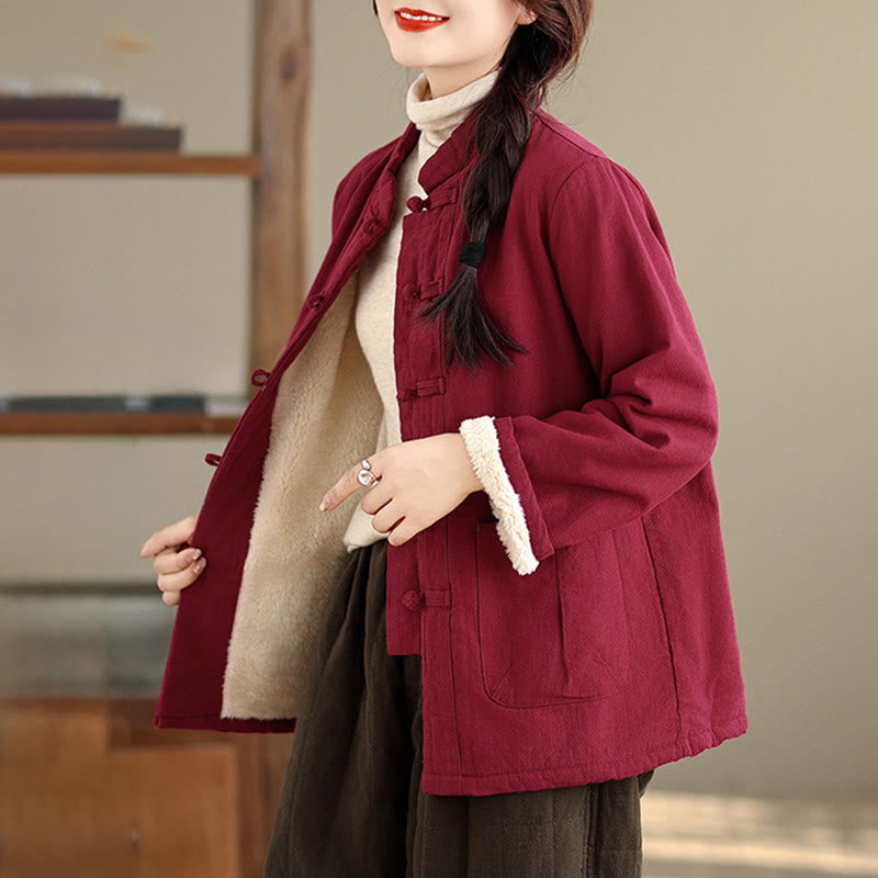 Buddha Stones Women's Plain Cotton-padded Buttons Design Long Sleeve Thermal Jacket With Pockets - image 2