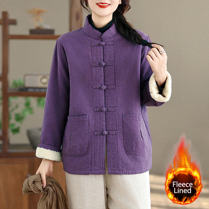 Buddha Stones Women's Plain Cotton-padded Buttons Design Long Sleeve Thermal Jacket With Pockets - DarkViolet - US14，UK/AU18，EU46 (2XL) - image 8