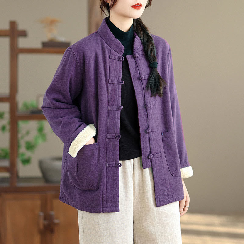 Buddha Stones Women's Plain Cotton-padded Buttons Design Long Sleeve Thermal Jacket With Pockets - image 11