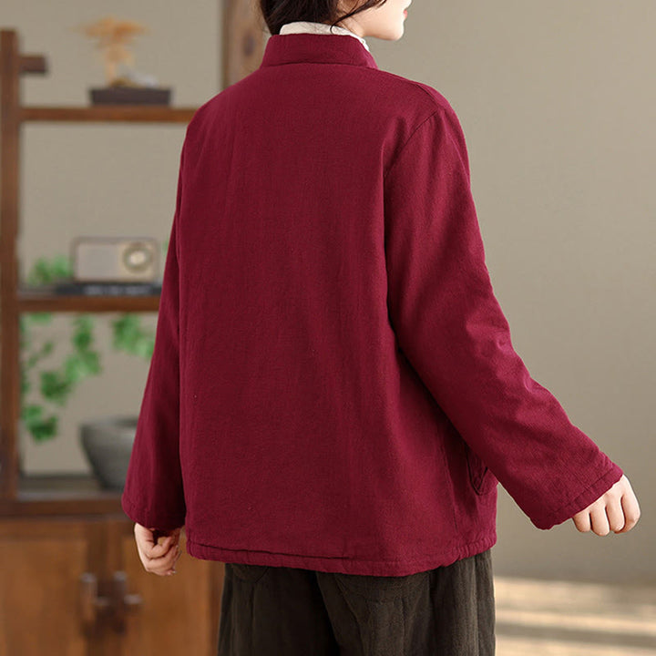 Buddha Stones Women's Plain Cotton-padded Buttons Design Long Sleeve Thermal Jacket With Pockets - image 4