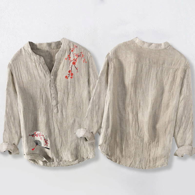 Buddha Stones Plum Blossoms Folding Fan Pattern Half Buttons Men's Cotton Linen Long Sleeve Shirt - image 2