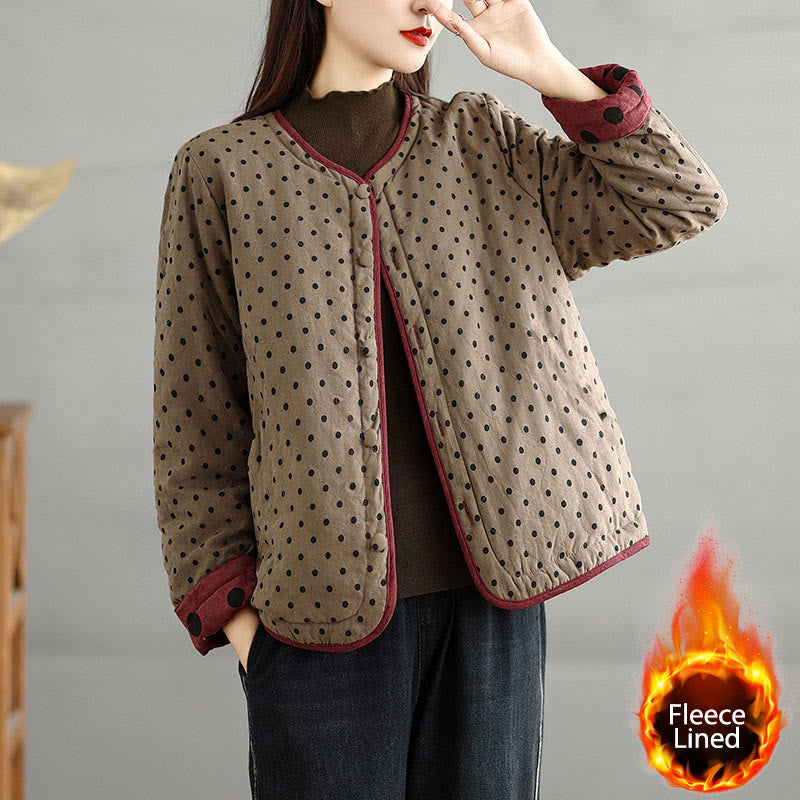 Buddha Stones Women's Reversible Design Dot Pattern Long Sleeve Thermal Cotton Jacket With Pockets - Tan - US14，UK/AU18，EU46 (2XL) - image 0