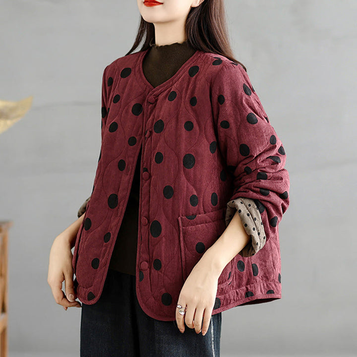 Buddha Stones Women's Reversible Design Dot Pattern Long Sleeve Thermal Cotton Jacket With Pockets - image 3