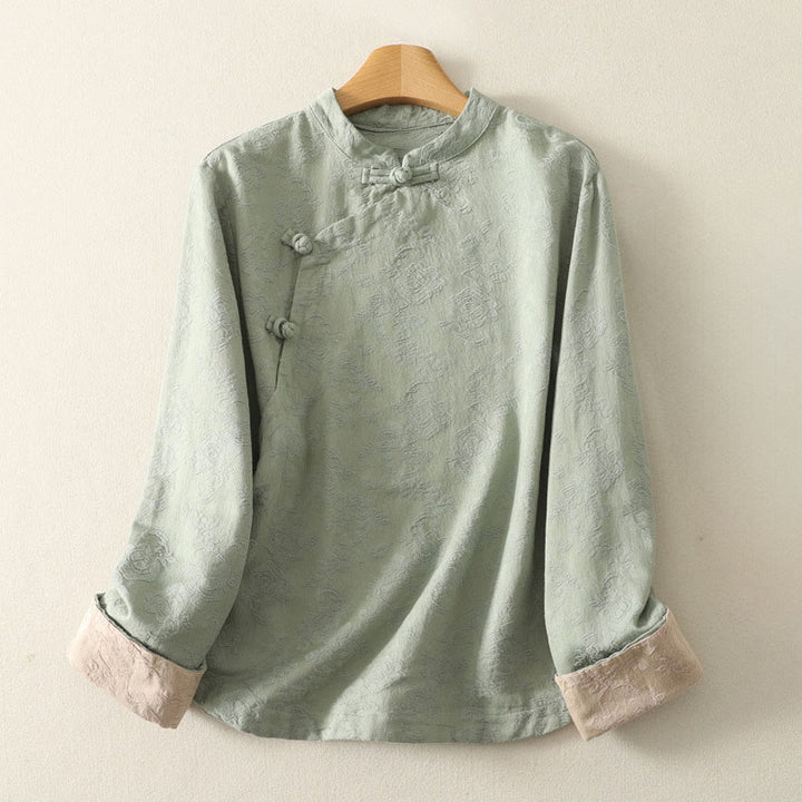 Buddha Stones Spring Plain Jacquard Design Women's Cotton Zen Long Sleeve Shirt - PaleGreen - US8-10，UK/AU12-14，EU40-42 (2XL) - image 0