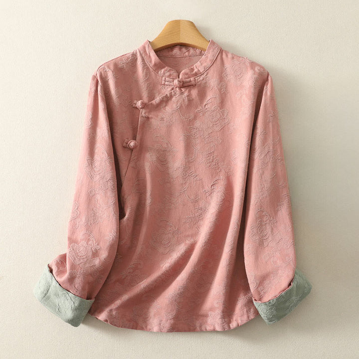 Buddha Stones Spring Plain Jacquard Design Women's Cotton Zen Long Sleeve Shirt - DarkSalmon - US8-10，UK/AU12-14，EU40-42 (2XL) - image 10