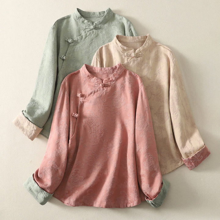 Buddha Stones Spring Plain Jacquard Design Women's Cotton Zen Long Sleeve Shirt - image 22