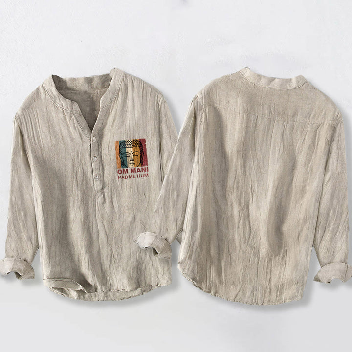 Buddha Stones OM MANI PADME HUM Buddha Pattern Half Buttons Men's Cotton Linen Long Sleeve Shirt - image 2