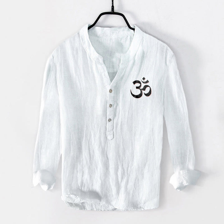 Buddha Stones "Namaste I Honor the You" Om Pattern Half Buttons Men's Cotton Linen Long Sleeve Shirt - image 1