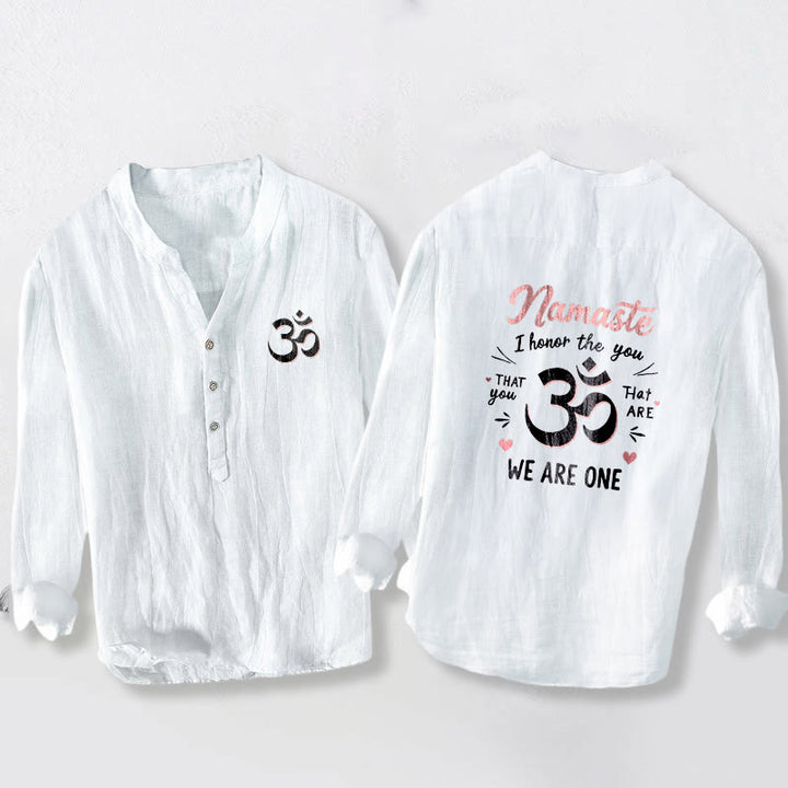 Buddha Stones "Namaste I Honor the You" Om Pattern Half Buttons Men's Cotton Linen Long Sleeve Shirt - White - US/UK/AU50，EU60 (5XL) - image 0