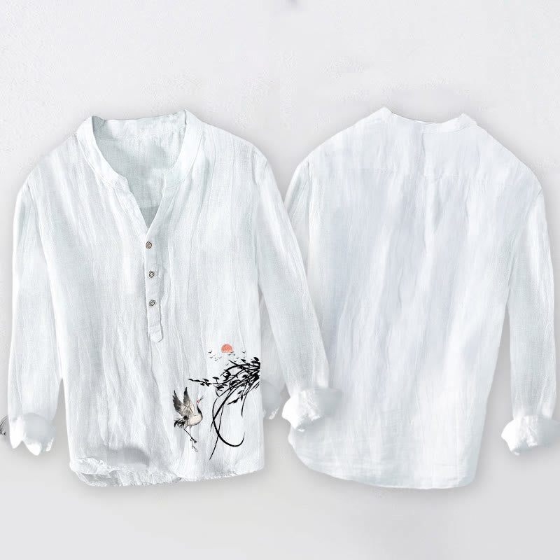 Buddha Stones Rising Sun Crane Branches Pattern Half Buttons Men's Cotton Linen Long Sleeve Shirt - image 8