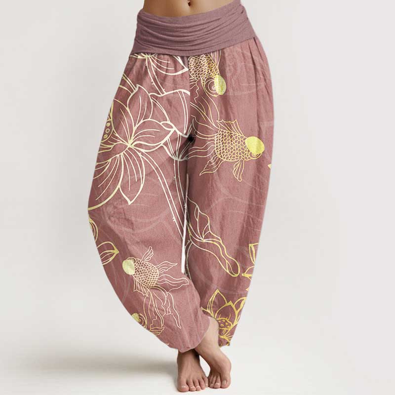 Buddha Stones Pure Cotton Lotus Leaf Koi Fish Women's Elastic Waist Harem Pants - PaleVioletRed - US22，UK/AU26，EU54 (6XL) - image 9