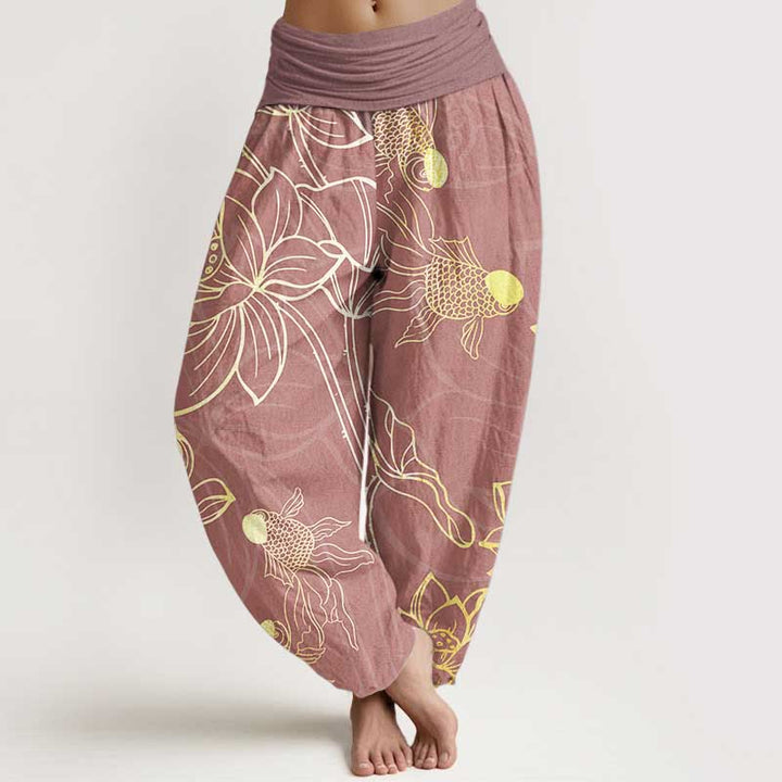 Buddha Stones Pure Cotton Lotus Leaf Koi Fish Women's Elastic Waist Harem Pants - PaleVioletRed - US22，UK/AU26，EU54 (6XL) - image 9
