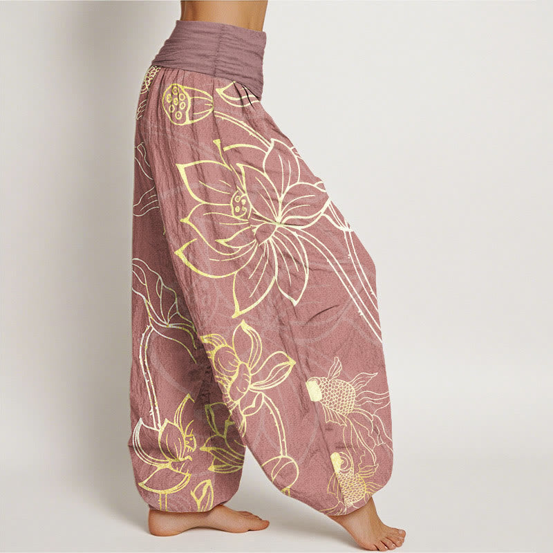 Buddha Stones Pure Cotton Lotus Leaf Koi Fish Women's Elastic Waist Harem Pants - image 11