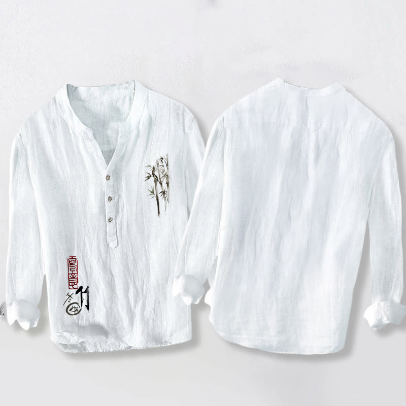 Buddha Stones Red Seal Bamboo Leaves Pattern Half Buttons Men's Cotton Linen Long Sleeve Shirt - image 8