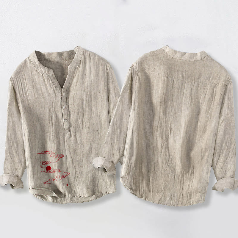 Buddha Stones Auspicious Clouds Red Sun Pattern Half Buttons Men's Cotton Linen Long Sleeve Shirt - image 8