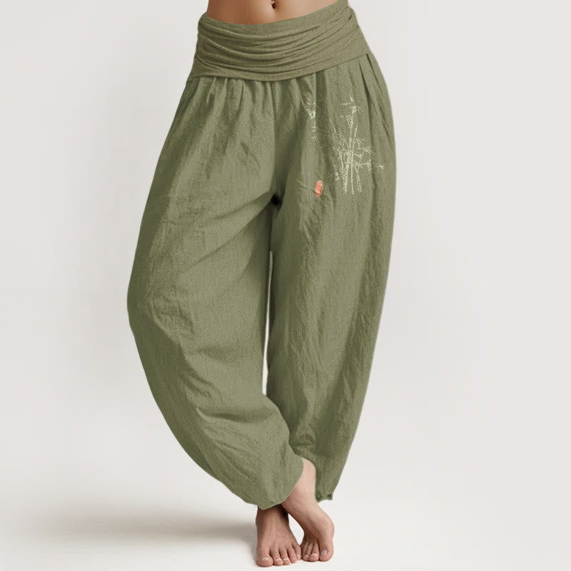 Buddha Stones Casual Bamboo Leaves Pattern Women's Elastic Waist Harem Cotton Pants - OliveDrab - US16，UK/AU20，EU48 (3XL) - image 14