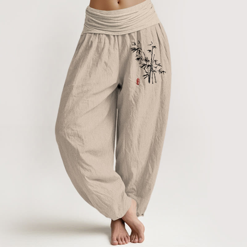 Buddha Stones Casual Bamboo Leaves Pattern Women's Elastic Waist Harem Cotton Pants - Tan - US16，UK/AU20，EU48 (3XL) - image 0