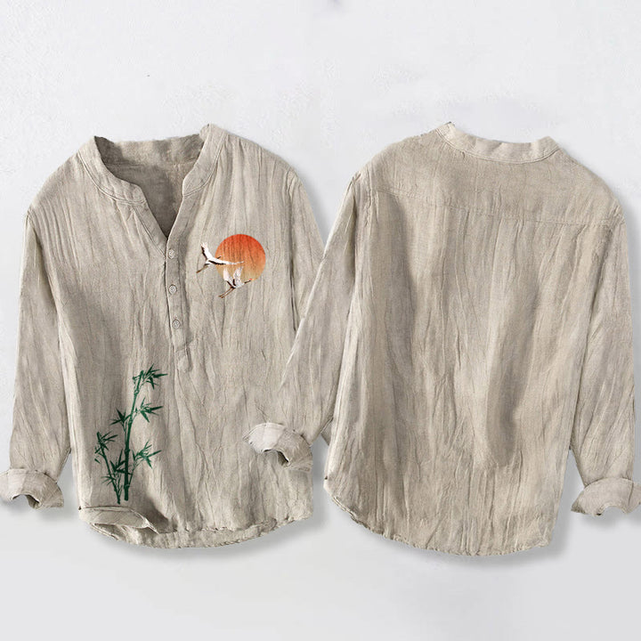 Buddha Stones Sun Crane Bamboo Leaves Pattern Half Buttons Men's Cotton Linen Long Sleeve Shirt - image 2
