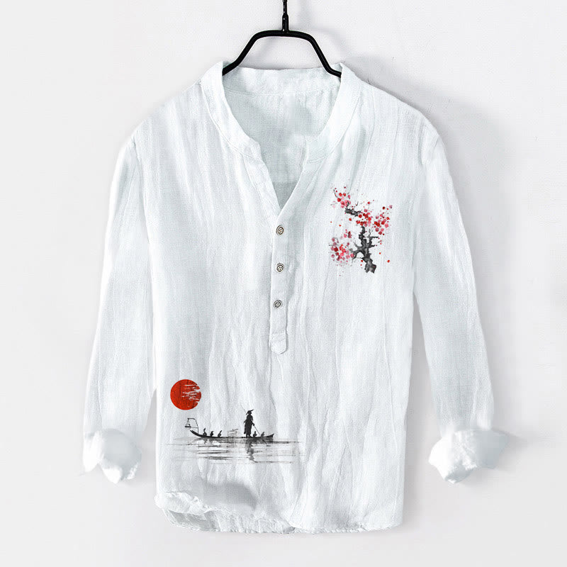 Buddha Stones Plum Blossom Sun Fisherman Pattern Half Buttons Men's Cotton Linen Long Sleeve Shirt - White - US/UK/AU50，EU60 (5XL) - image 6