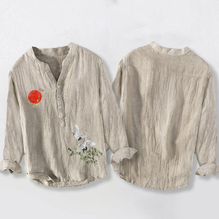 Buddha Stones Sun Crane Pine Tree Branch Pattern Half Buttons Men's Cotton Linen Long Sleeve Shirt - image 8