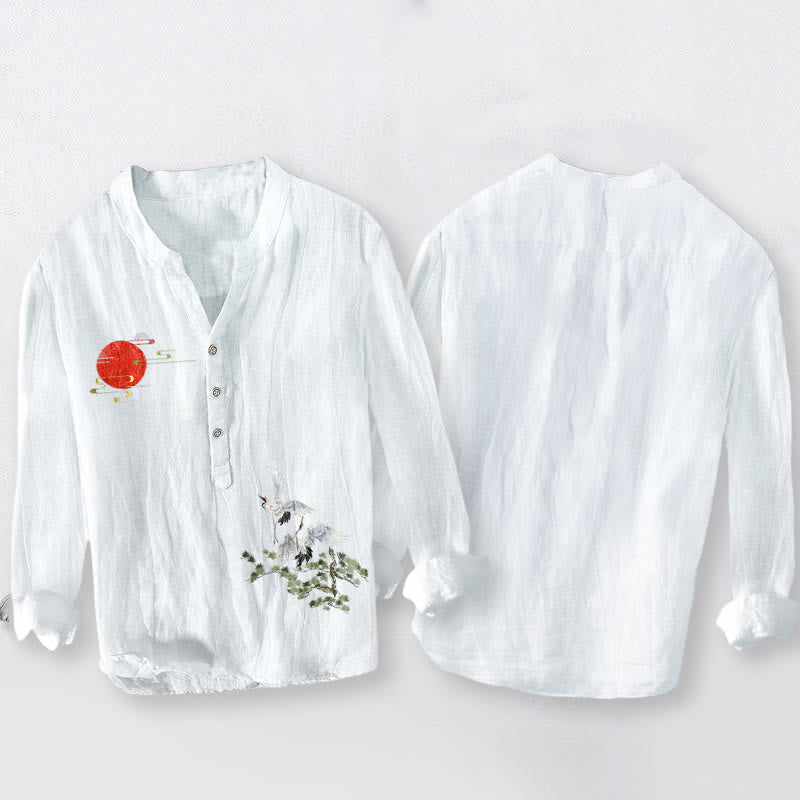 Buddha Stones Sun Crane Pine Tree Branch Pattern Half Buttons Men's Cotton Linen Long Sleeve Shirt - image 5
