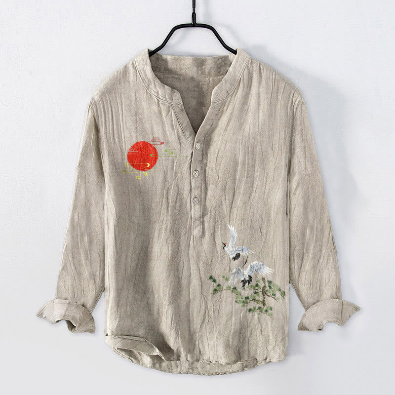 Buddha Stones Sun Crane Pine Tree Branch Pattern Half Buttons Men's Cotton Linen Long Sleeve Shirt - Linen - US/UK/AU50，EU60 (5XL) - image 6