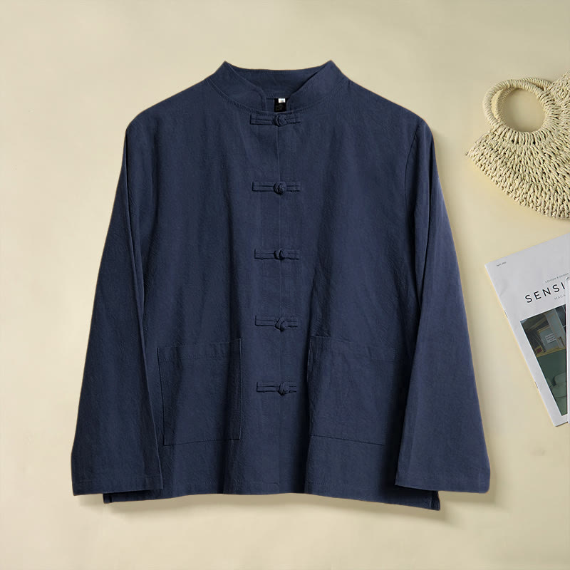 Buddha Stones Ethnic Frog-Button Long Sleeve Stand Collar Women's Cotton Shirt With Pockets - MidnightBlue - US8-10，UK/AU12-14，EU40-42 (2XL) - image 21